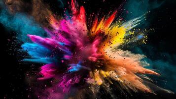 Multi-hued powder blast background image. Creative burst. Various colored powders blasting outward photo backdrop wallpaper realistic. Vividness and movement concept photorealistic