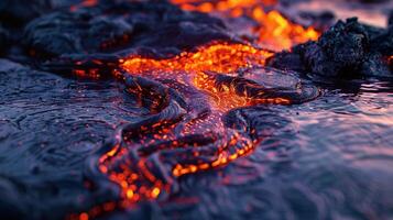 Mesmerizing molten lava flowing closeup image. Magma river close up photography. Glowing orange, fiery red, dark black textures. Scattered sparks. Dynamic energy concept photo realistic