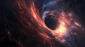Black hole pulling inside glowing cosmic material image. Light swirl around void in dark space photography scene wallpaper. Spellbound formation concept photorealistic photo