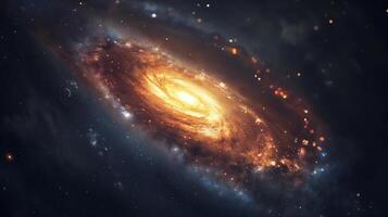 Spiral galaxy with golden arms of cosmic materials image. Spellbound light formation in dark void photography scene wallpaper. Outer space wonder concept photorealistic photo