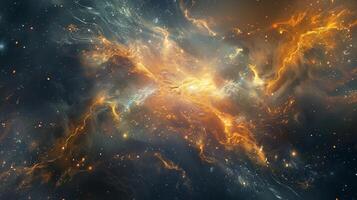 Ethereal galactic nebula filled with golden sparkling light trails 3d rendering image photo