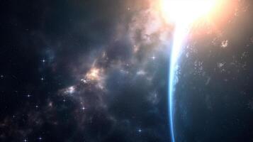 Glowing nebula near planet on dark space image. Gas formation with sparks and globe atmosphere photography scene wallpaper. Travelling in cosmos concept photorealistic photo