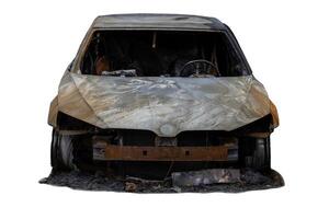 Burned Out Car Wreck on White Background photo