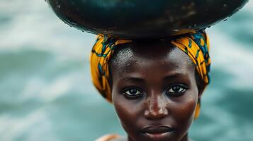 Portrait of an African woman carrying a container of water on her head. Representation of the efforts of African communities to obtain resources. photo