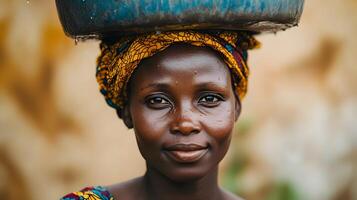 Portrait of an African woman carrying a container of water on her head. Representation of the efforts of African communities to obtain resources. photo