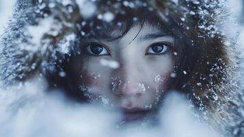 Portrait of an Eskimo or Inuit woman covering himself from the cold of the Arctic winter. Representation of the resilience and perseverance of these tribes. photo
