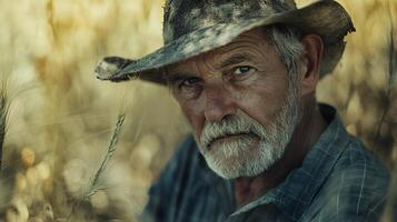 Portrait of an American farmer with a hat in front of his wheat field. photo