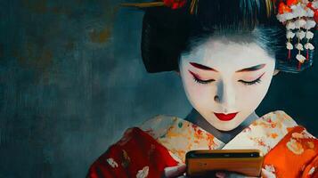 Portrait of a young Japanese geisha using a mobile phone. Representation of the adaptation of technology to the most traditional in Japan. photo