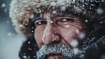 Portrait of an Eskimo or Inuit man covering himself from the cold of the Arctic winter. Representation of the resilience and perseverance of these tribes. photo