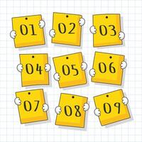 Colorful yellow notes with numbers arranged in a grid on a notebook background for organization and planning vector