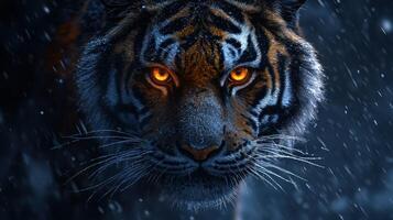 A tiger with glowing eyes in the snow photo