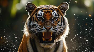 A tiger is roaring in the water photo