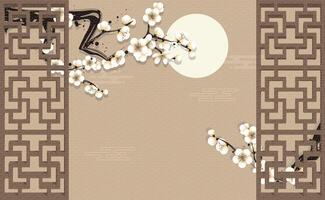 Chinese style window lattice border and white plum blossom background vector