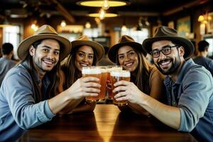Friends toasting with beer in a cozy pub photo