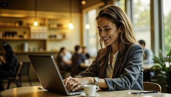Confident professional woman working on a laptop in a cozy cafe photo