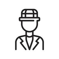 A man in a hat and suit is shown in a line icon vector