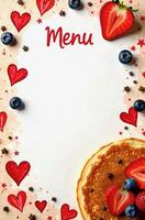 Top-down view banner with pancakes, strawberries, blueberries, chocolate mini stars, and hand drawn hearts and stars, and word menu around the edges with space for text on a slightly photo