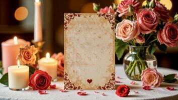 A blank menu on vintage-style kraft paper with a heart and ornate corner designs, placed on an elegantly decorated table with red roses, glowing candles, and a romantic atmosphere photo