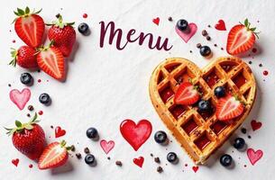 Top-down view of a banner with wrinkled white paper with hearts, heart-shaped waffles, strawberries, blueberries, and chocolate crumbs on the edges with written menu word photo