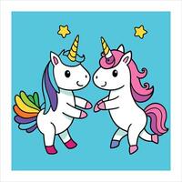 Two unicorns dancing in front of a blue background vector