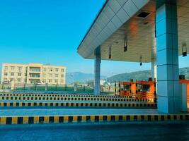 Modern Toll Booth Under a Clear Blue Sky photo