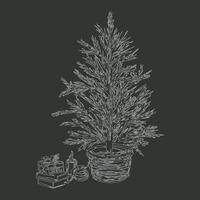 Christmas tree with gifts sketch style drawing. Hand drawn in hatching style. Chalk drawings on graphic board. Christmas and New Year cards design on gray background vector