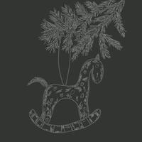 Toy horse hanging on a pine tree branch, drawn in sketch style. Vintage Christmas and New Year card on a gray background vector