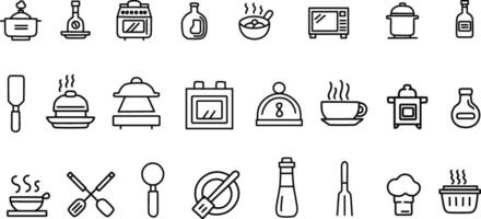 Simple Line Art Icon Set Featuring Kitchen Tools Like Frying Pan and Microwave vector
