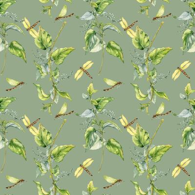 Nettle herbal plant with dragonfly seamless pattern isolated on gray blue. Illustration of stinging plant Urticaria dioica hand drawn. Print of useful herb. Design for textile, package, wallpaper.