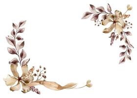 Flower and branch in monochrome maroon watercolor. Frame of abstract plants in dark brown color isolated. Monotone leaves in sepia. Design of branding , invitations, printed products, wedding vector
