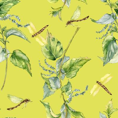 Nettle herbal plant with dragonfly seamless pattern isolated on yellow. Illustration of stinging plant Urticaria dioica hand drawn. Print of useful herb. Design for textile, package, wallpaper.