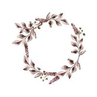 Maroon leaves and wild flowers in watercolor. Frame of branches in dark red color isolated. Watercolor monochrome plants wreath. Design of branding , invitations, printed products, save the date vector