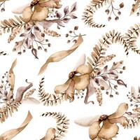 Seamless pattern with flowers on palm leaf monochrome in watercolor brown color. Abstract plants in sienna color on endless background. Fantasy branches hand drawn. Design for textile, backdrop. vector
