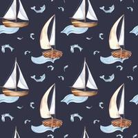 Sailing ship on waves and small fish hand drawn by seamless pattern. Seafaring in watercolor nautical design textile. Fishes and boat on background isolated. Element for packaging, marine products. vector