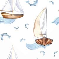Sailing ship on waves and small fish hand drawn by seamless pattern. Seafaring in watercolor nautical design textile. Fishes and boat on background isolated. Element for packaging, marine products vector