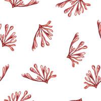 Sea plants red coral in watercolor seamless pattern isolated. Pink agar agar hand drawn. Seaweeds endless background. Marine pattern for package, textile, paper, wrapping. vector