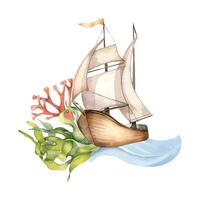 Sailing ship with flowing sails surrounded by red and green seaweed and coral in watercolor. Sailboat on ocean wave for children illustration. Nautical and natural elements in design hand drawn vector