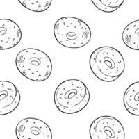 Whole bagel with sesame black white seamless pattern isolated. Doughnut bread hand drawn by ink line art. Bread ring monochrome sketch on repeat texture for design textile, packaging bakery. vector