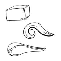 Milk butter curl and piece of butter black white illustration isolated. Butter various shapes, stroke of jam hand drawn outline sketch. Smear of butter line art for signage, label, packaging. vector