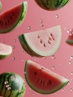 Fresh Watermelon Slices and Whole Fruits Floating in Air Against a Soft Pink Background with Water Droplets Creating a Refreshing Summer Vibe photo