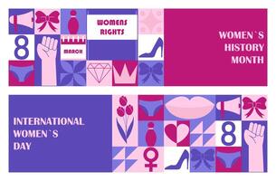 Set of horizontal Womens History Month and International Womens Day banners. Greeting card design template with abstract geometric print. illustration vector