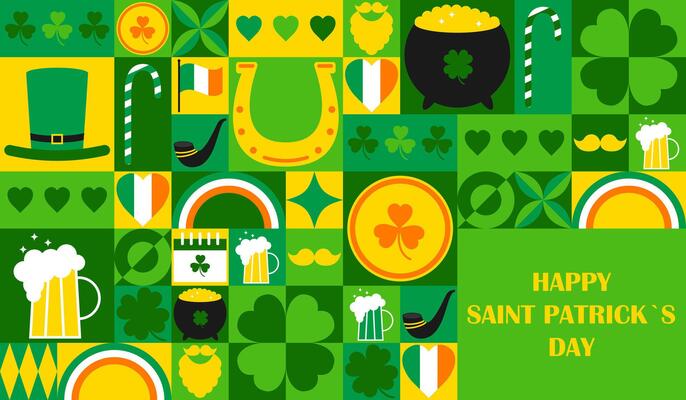 Happy Saint Patricks Day horizontal banner with Bauhaus geometric elements including leprechaun hat, smoking pipe, clover, horseshoe, glass of beer, Ireland flag. illustrations