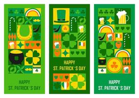 Set of festive vertical banners Happy St. Patricks Day. Templates for greeting card or invitation in abstract modern geometric style. illustration vector