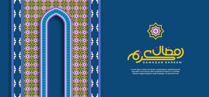 Ornamental pattern stone relief in the Arabic architectural style of an Islamic mosque, serving as a greeting card for Ramadan and Eid Mubarak. vector