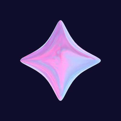 3D holographic stars in pink chrome with geometric shapes, designed for futuristic and tech aesthetics. Metallic renderings of cosmic and celestial symbols.