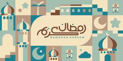 Islamic Ramadan Kareem banner colorful style. Features of mosques, moons, domes and lanterns. vector