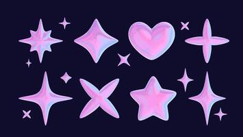 Set of 3D shapes in chrome, including a pink liquid star and a glossy heart sticker in a futuristic metal style. 3D chrome art at its finest. vector