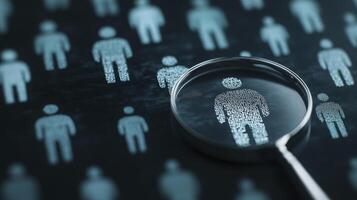Magnified human icon silhouette under a magnifying glass on a black background with the shadow of many people icons, suggesting a hunting or employee selection concept. photo