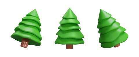 3d render Christmas tree set. Three dimensional illustration. Realistic spruce decoration for New Year. Winter green collection fir December element for season holiday. Botanical plastic design vector