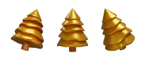 3d render metallic set Christmas tree. Three dimensional illustration. Realistic collection spruce decoration for New Year. Winter gold fir for December element for season holiday. vector